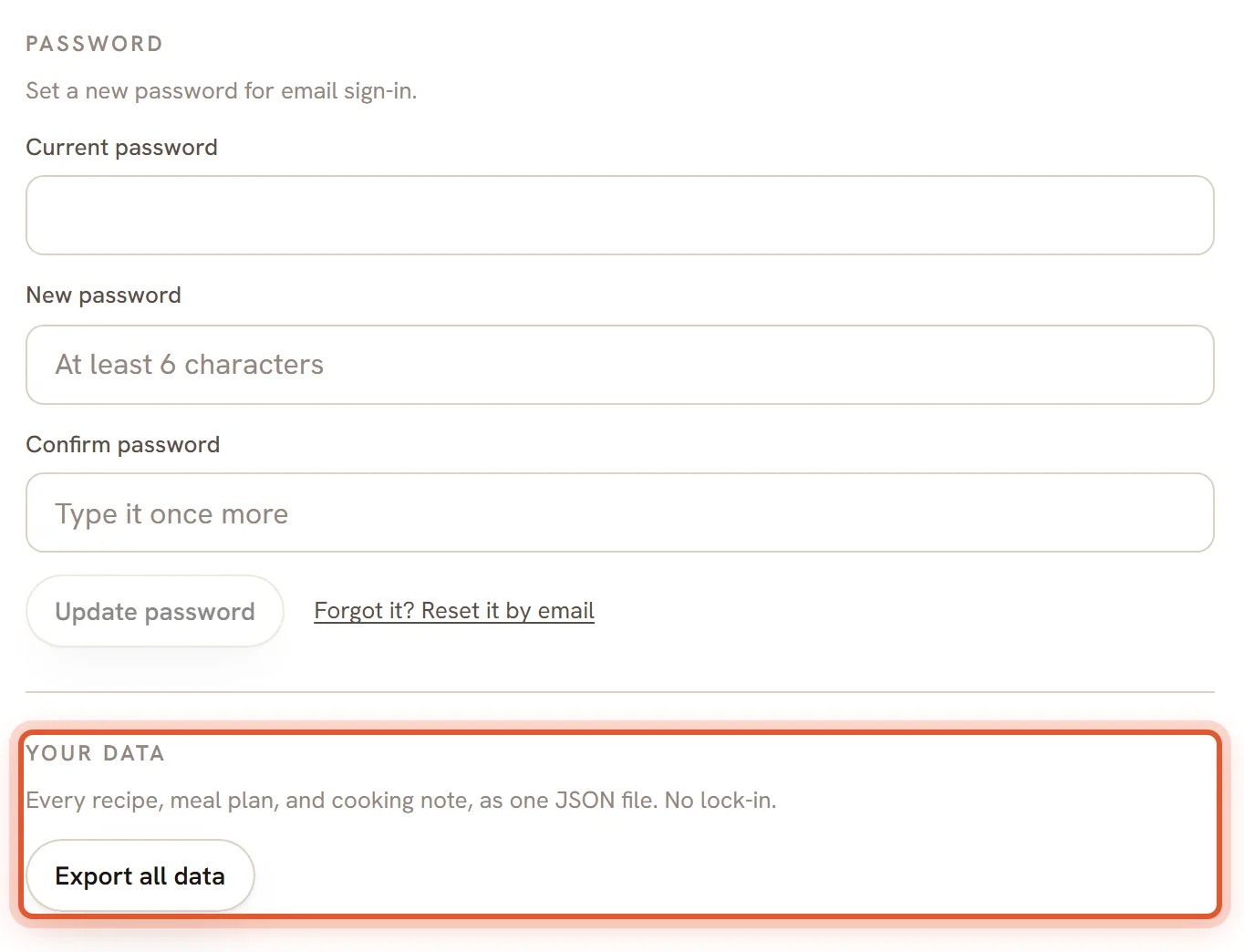 The bottom of Settings. The Your data box, between Password and the Danger zone, is ringed.