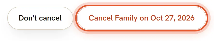The Cancel Family box with the red cancel button ringed. Its label includes the date the plan ends.