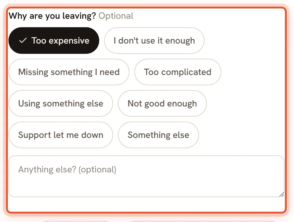 The Cancel Family box with the reasons ringed and Too expensive selected.