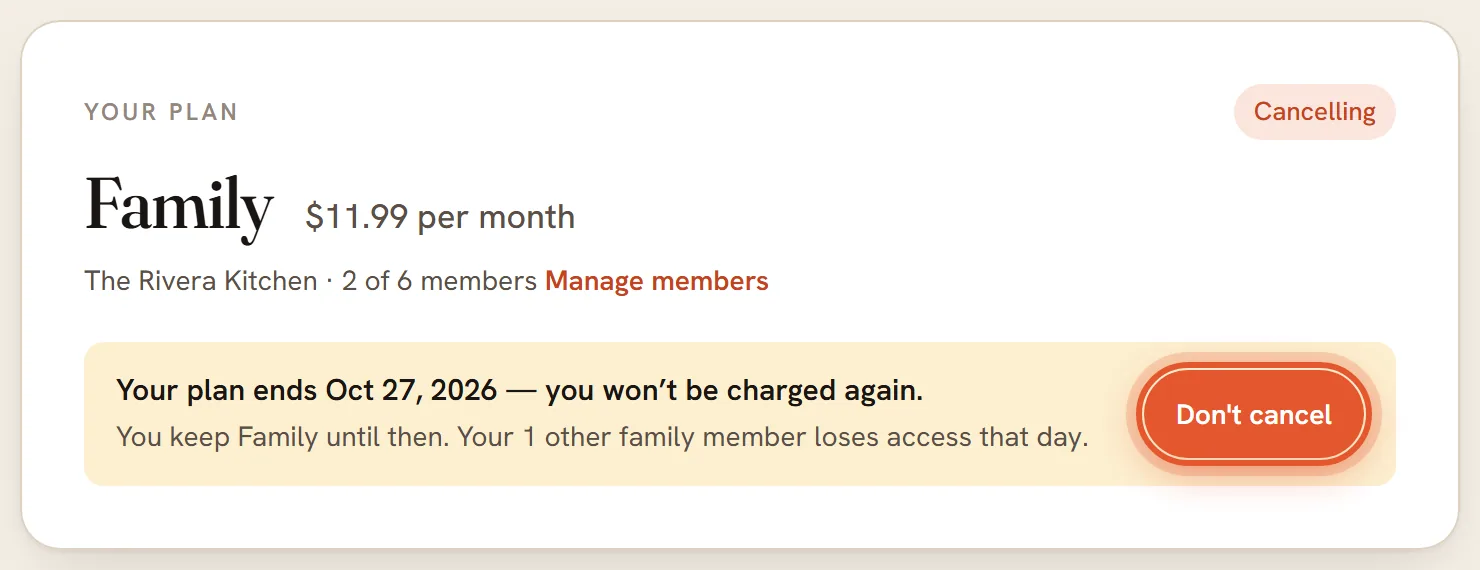 The plan box for a cancelling Family plan. The banner says the plan ends on a date and the other member loses access, and the Don't cancel button is ringed.