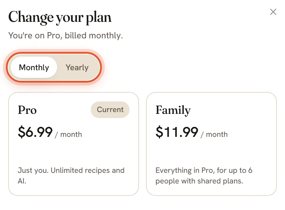 The Change your plan box with the Monthly and Yearly switch ringed. Pro is marked Current.