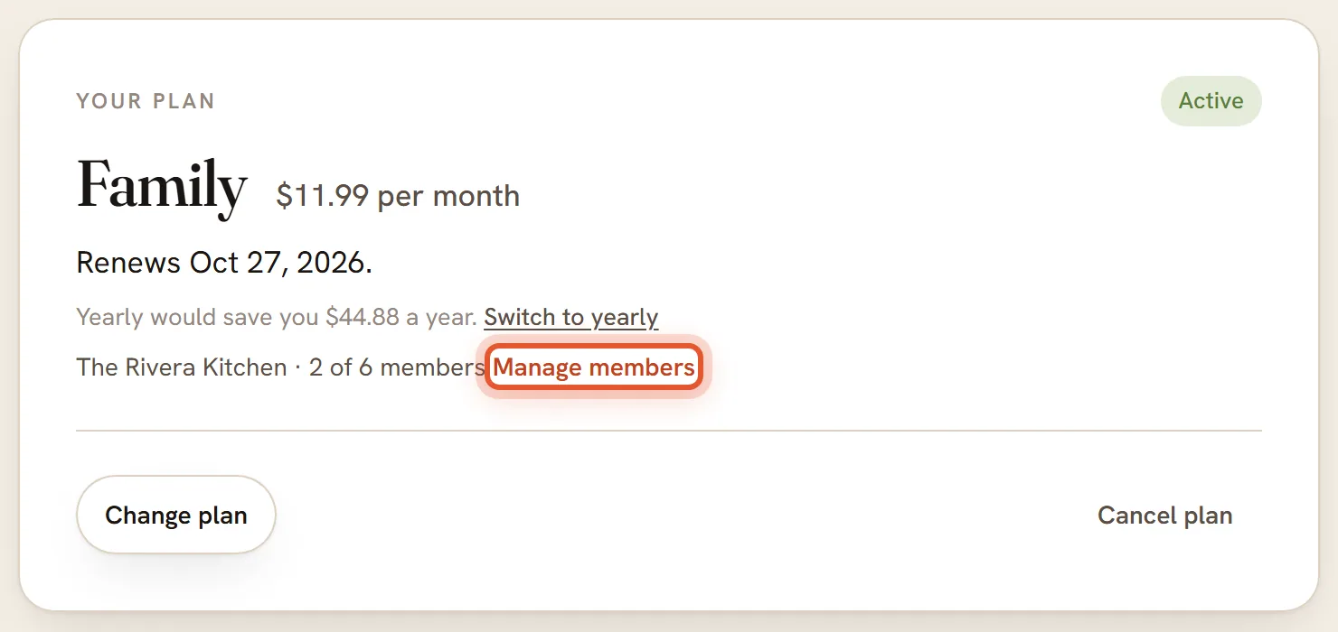 The plan box for a Family plan. The household name, the member count and the Manage members link are shown, with the link ringed.