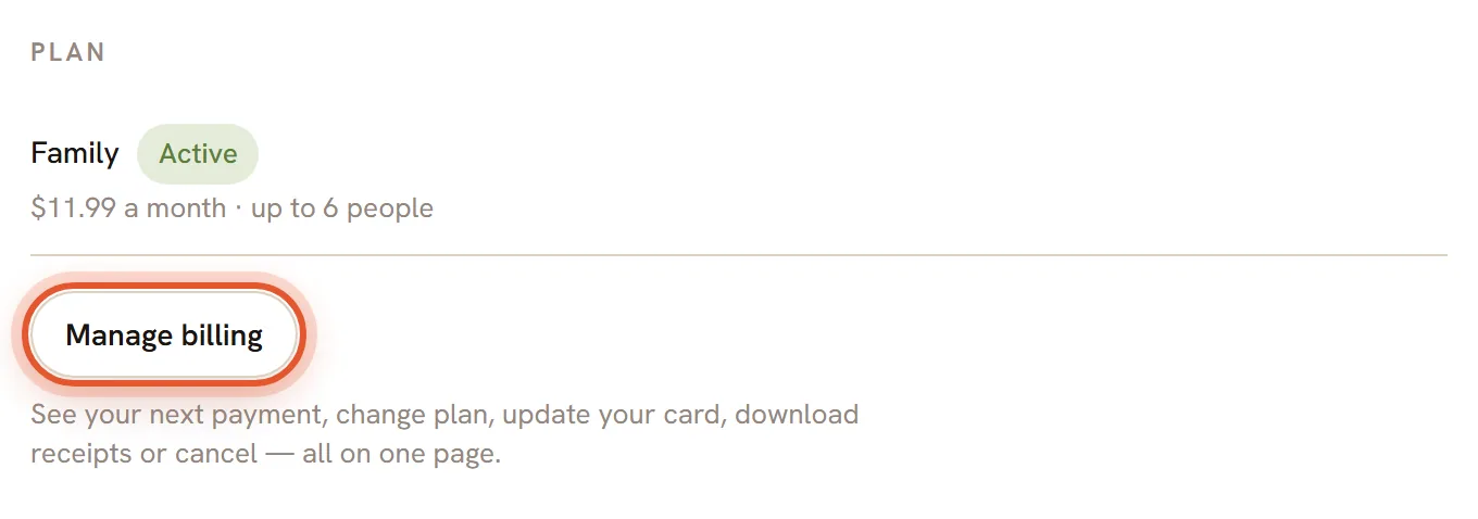 The Plan box in Settings for a paid plan with the Manage billing button ringed.