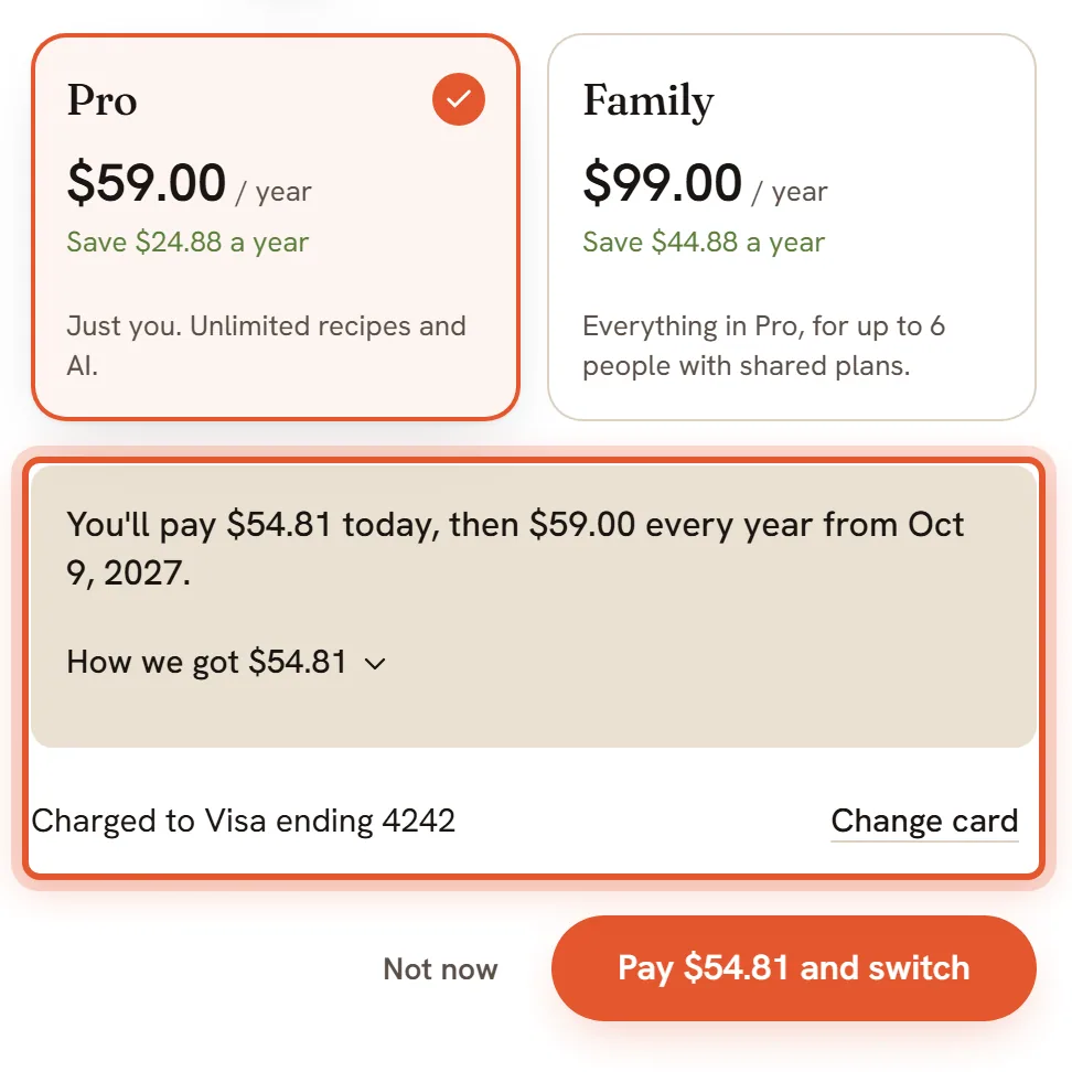 The Change your plan box with Pro yearly chosen. The summary says what you pay today and that the next payment is a year away.