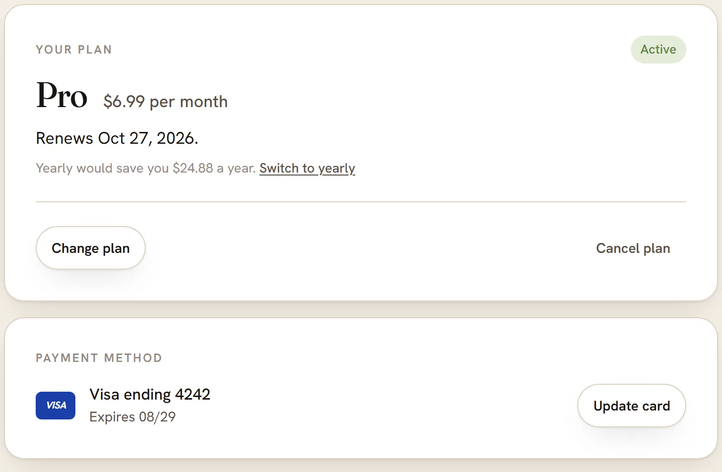 The plan box on the billing page: Pro, $6.99 per month, an Active label, the renewal date, and the Change plan and Cancel plan buttons.