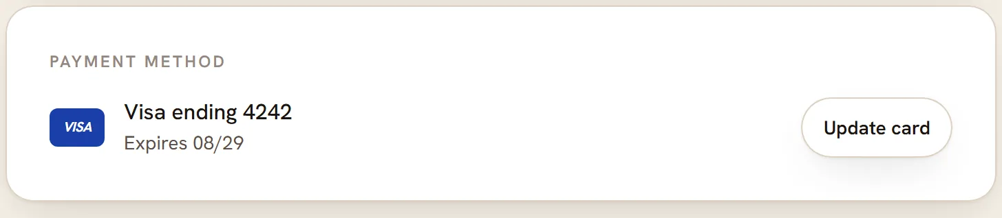 The Payment method box on the billing page: Visa ending 4242 with its expiry date and an Update card button.