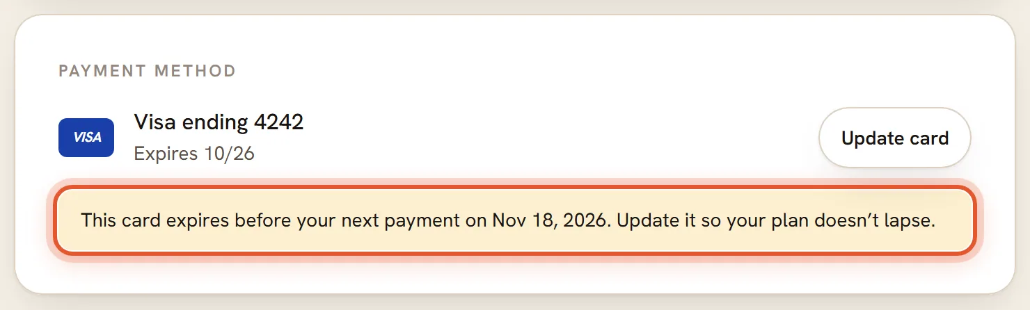 The Payment method box with a note ringed that says the card expires before the next payment and to update it.