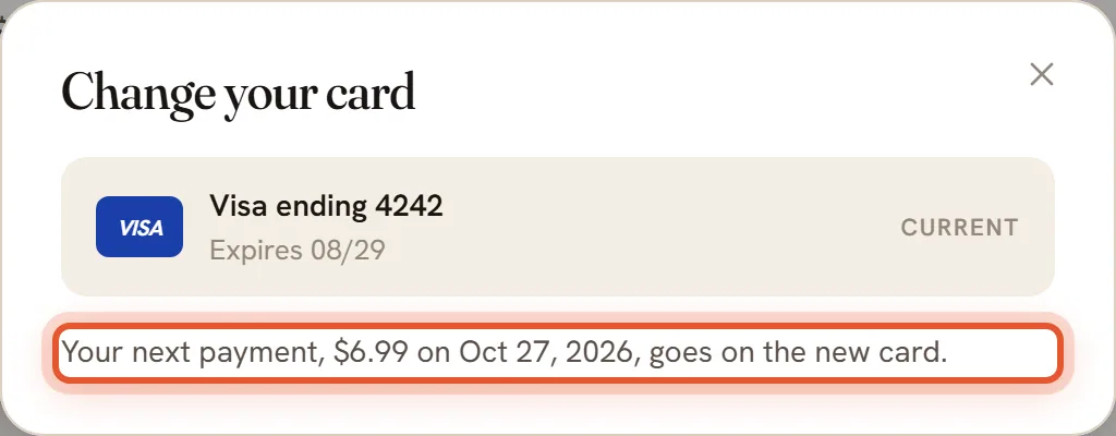 The Change your card box. It shows the current Visa card and a line saying the next payment goes on the new card. The heading is ringed.