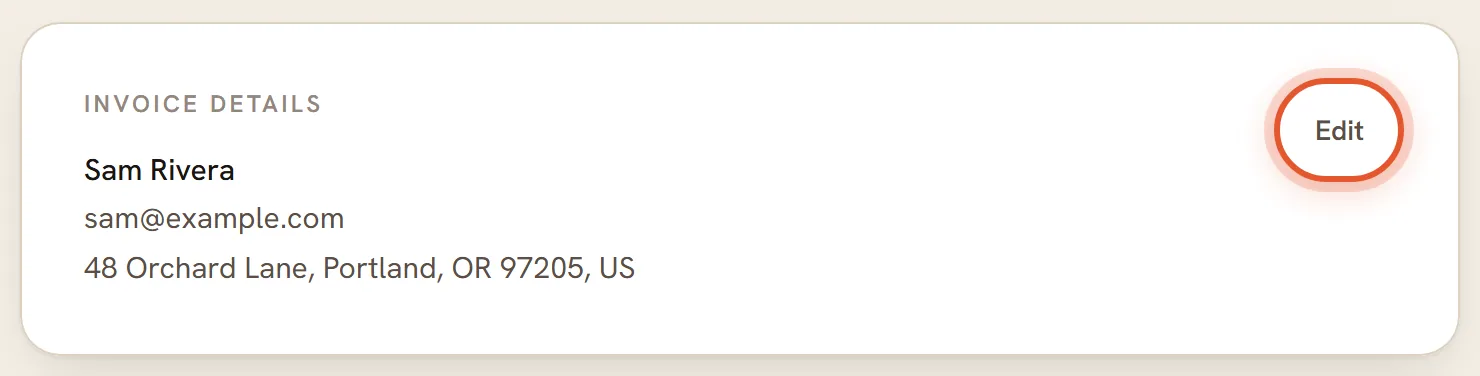 The Invoice details box showing a name, an email and an address, with the Edit button ringed.