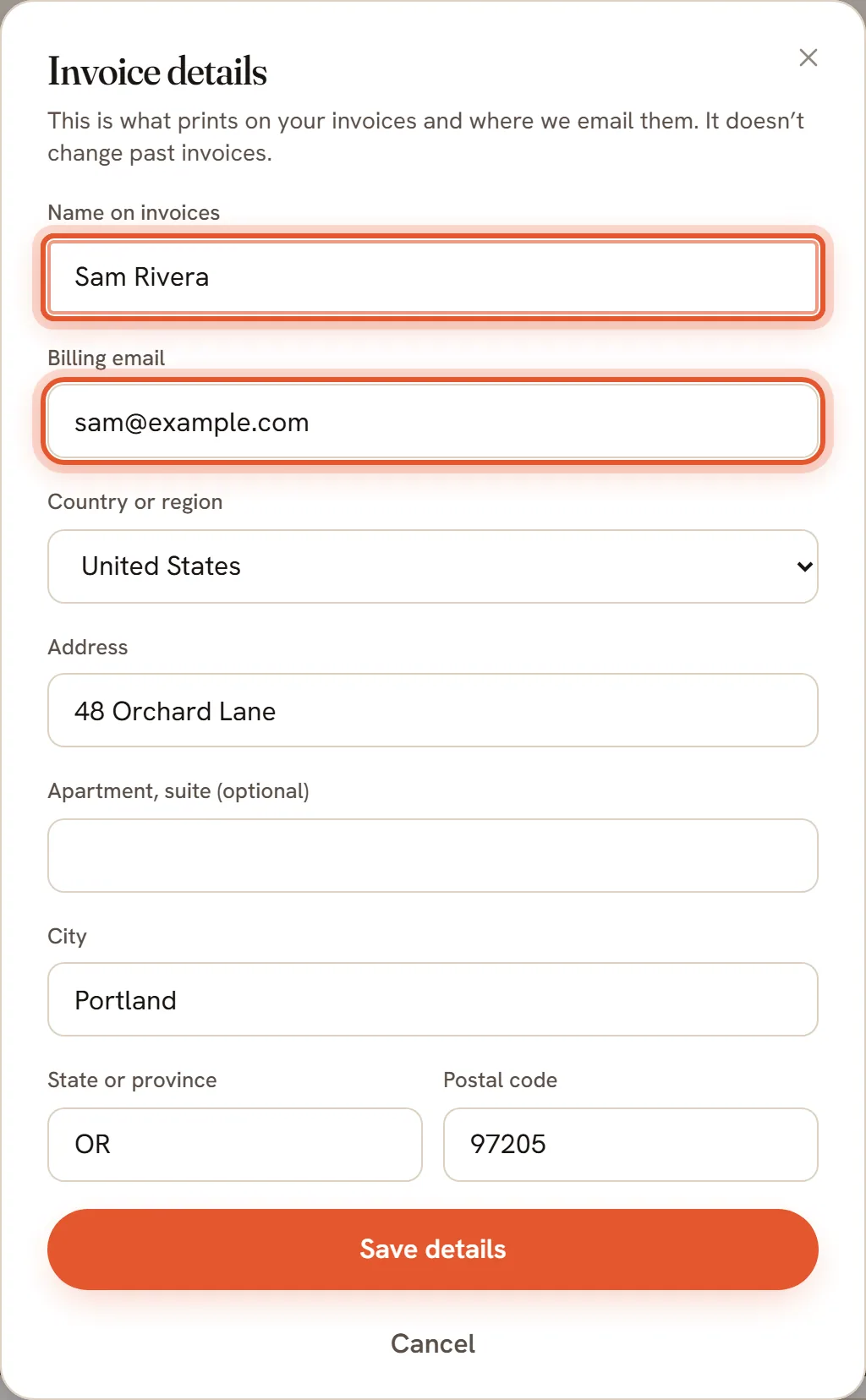 The Invoice details form with the Name on invoices and Billing email fields ringed. Country, address, city, state and postal code fields are below them.