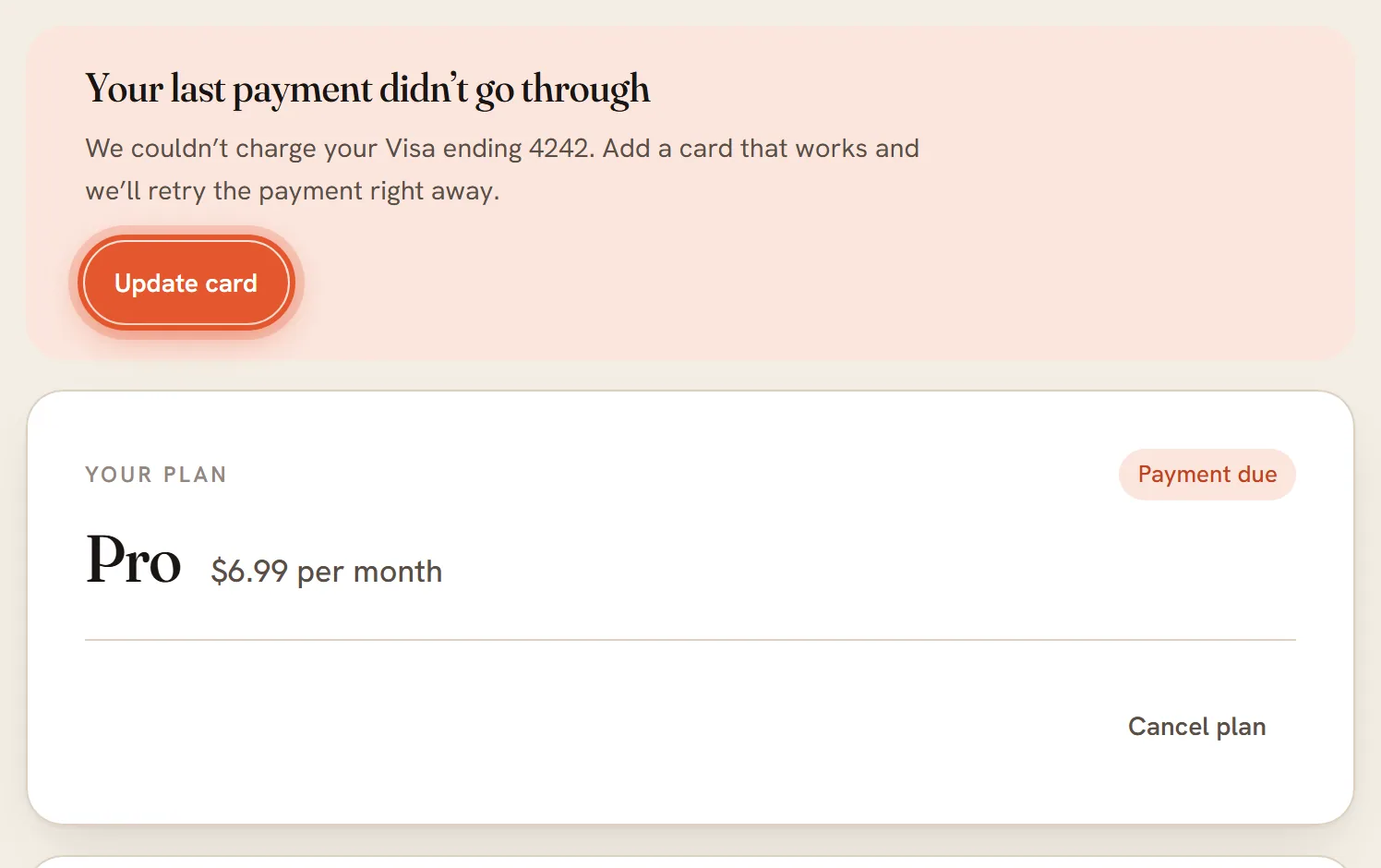 The billing page after a failed payment. A red box says the last payment did not go through, and its Update card button is ringed.