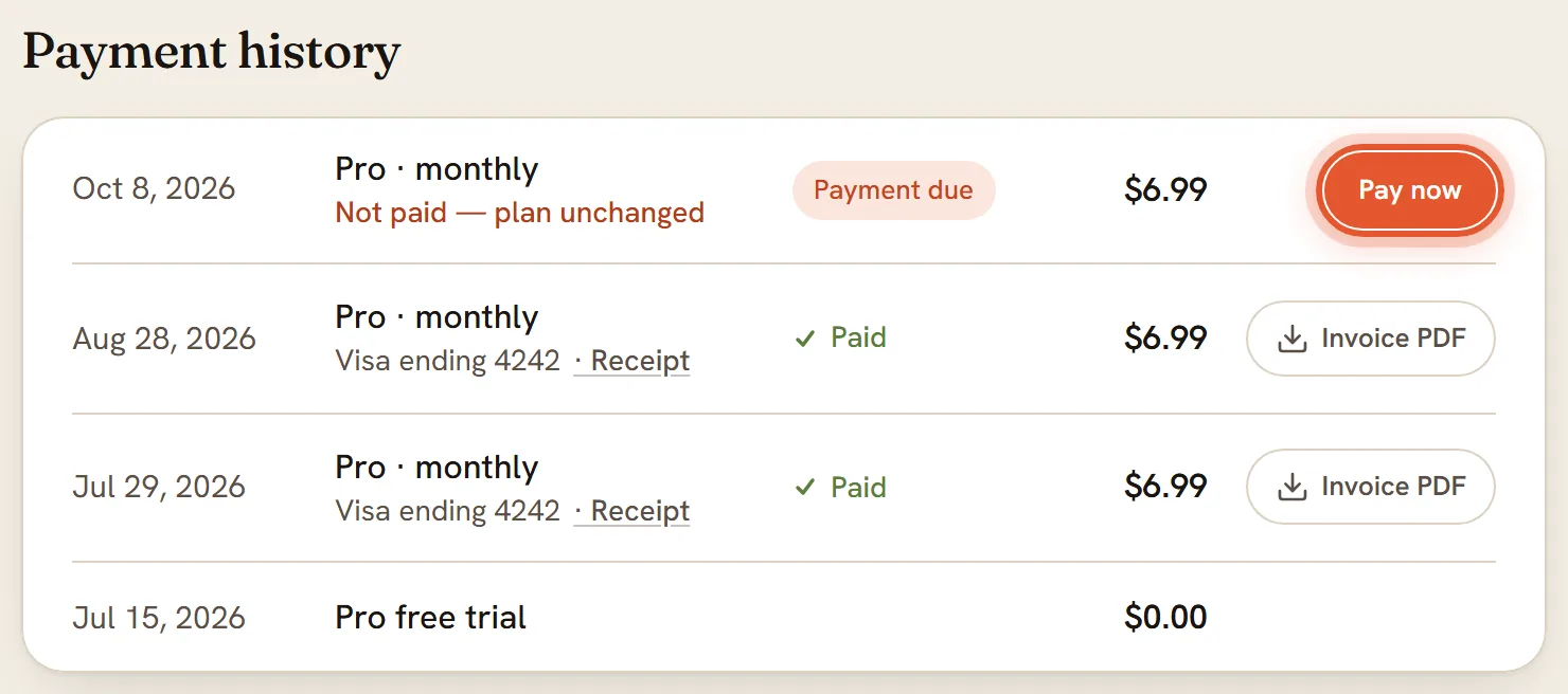 The Payment history list with the newest payment marked Payment due and a Pay now button, ringed.
