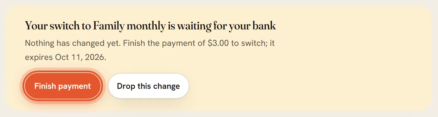 The yellow box that says your switch is waiting for your bank, with the Finish payment button ringed and a Drop this change button beside it.