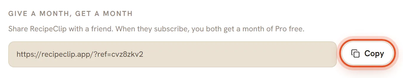 The Give a month, get a month box with the Copy button ringed.
