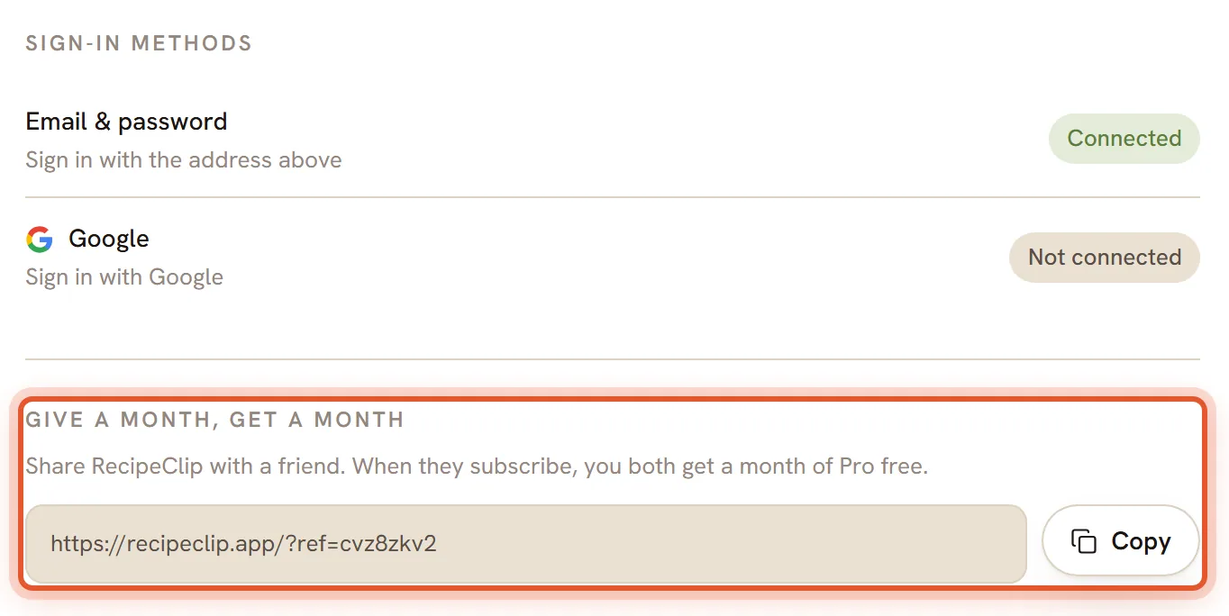 The top of the Account & plan section in Settings. The Give a month, get a month box at the bottom is ringed.