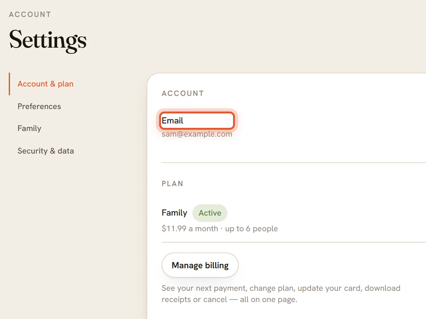 The Account and Plan parts of the first card in Settings. The Email row is ringed. Below it is the Plan row with a Manage billing button.