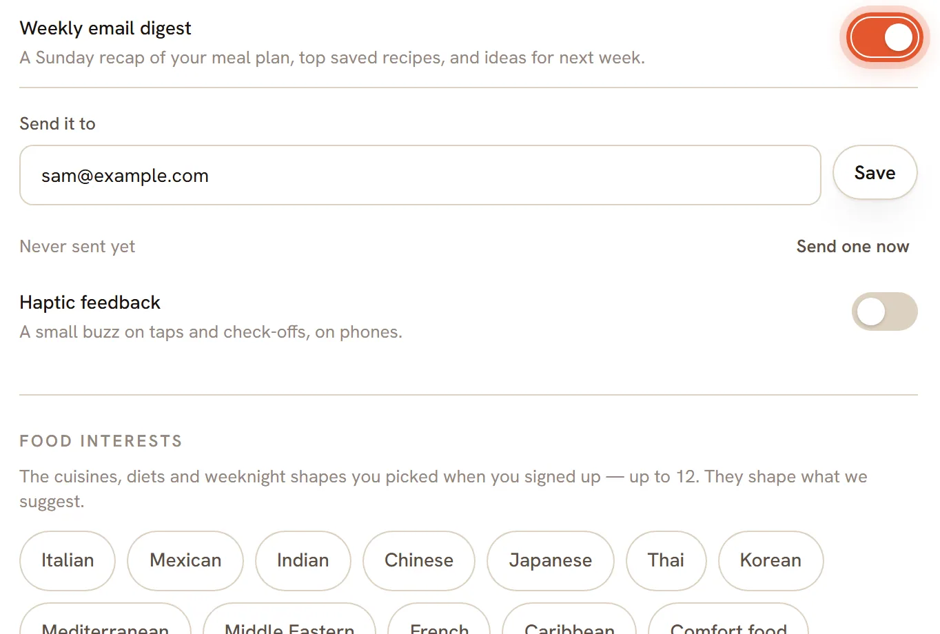 The Weekly email digest switch, ringed and turned on.
