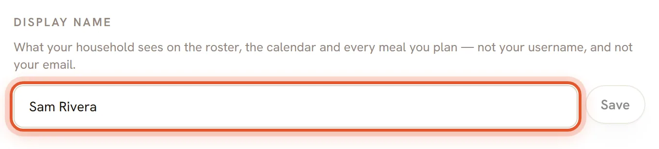 The Display name box holding a name with a Save button. The name box is ringed.