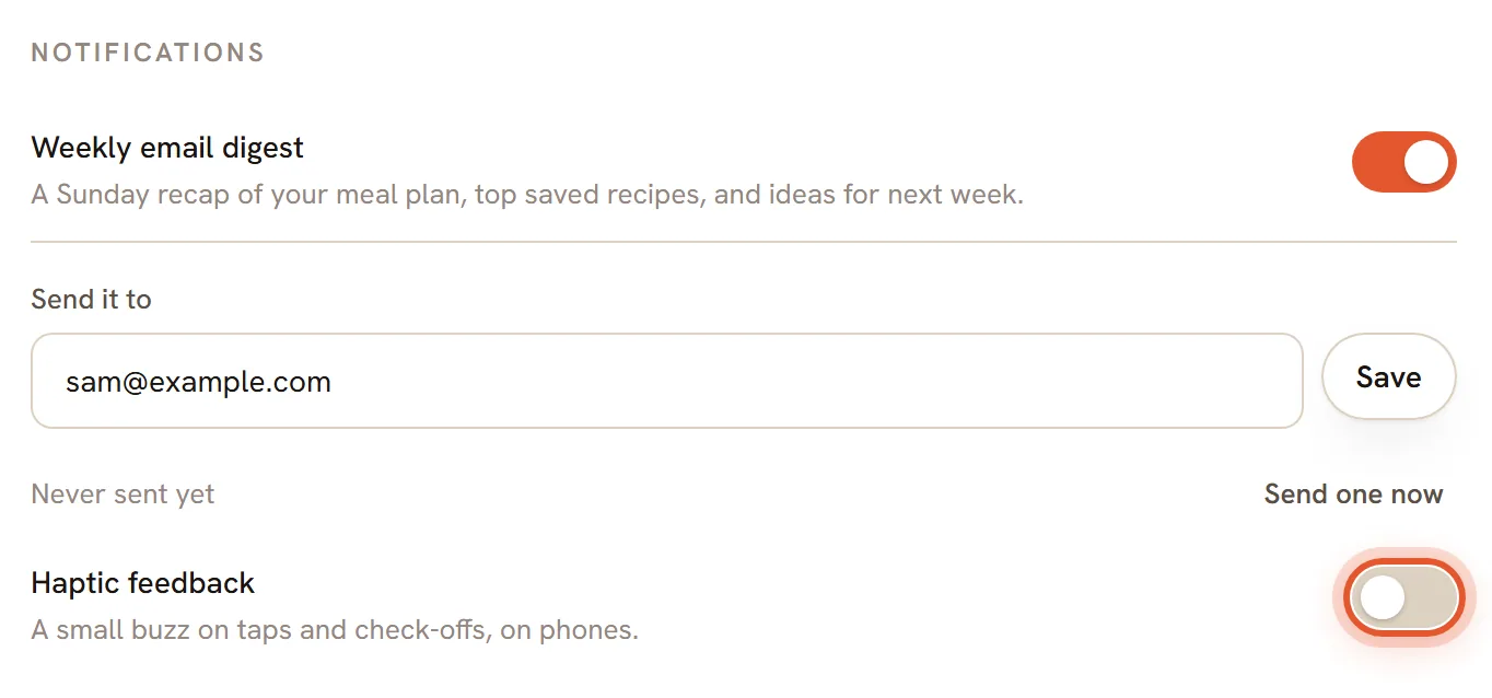 The Haptic feedback switch in Settings, ringed. Its description says a small buzz on taps and check-offs, on phones.