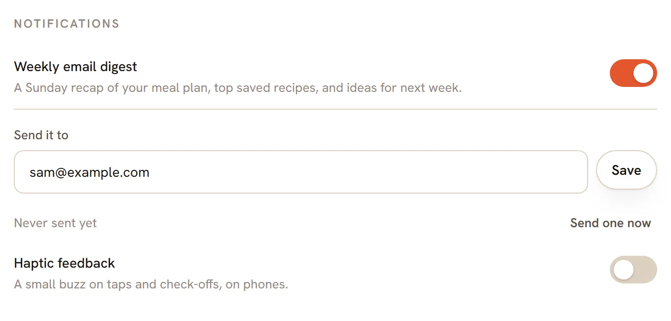 The Notifications part of Settings: a Weekly email digest switch with a Send it to box and a Send one now button, and a Haptic feedback switch.