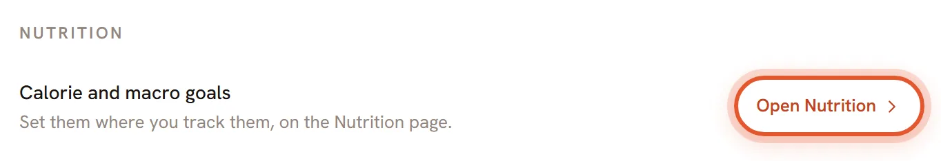 The Nutrition box in Settings with the Open Nutrition link ringed.