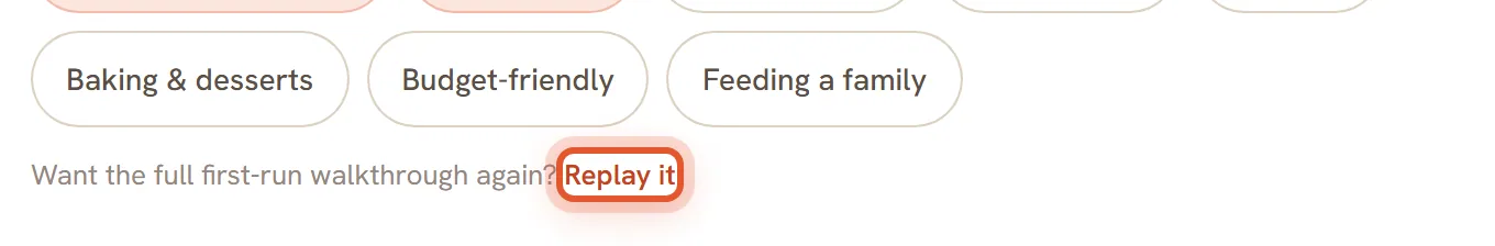 The end of the Food interests list. The Replay it link in the line asking if you want the full first-run walkthrough again is ringed.