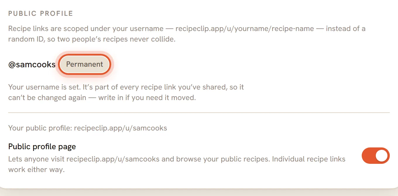 The Public profile box showing a username with a Permanent label, ringed, and a switch for the public profile page below it.