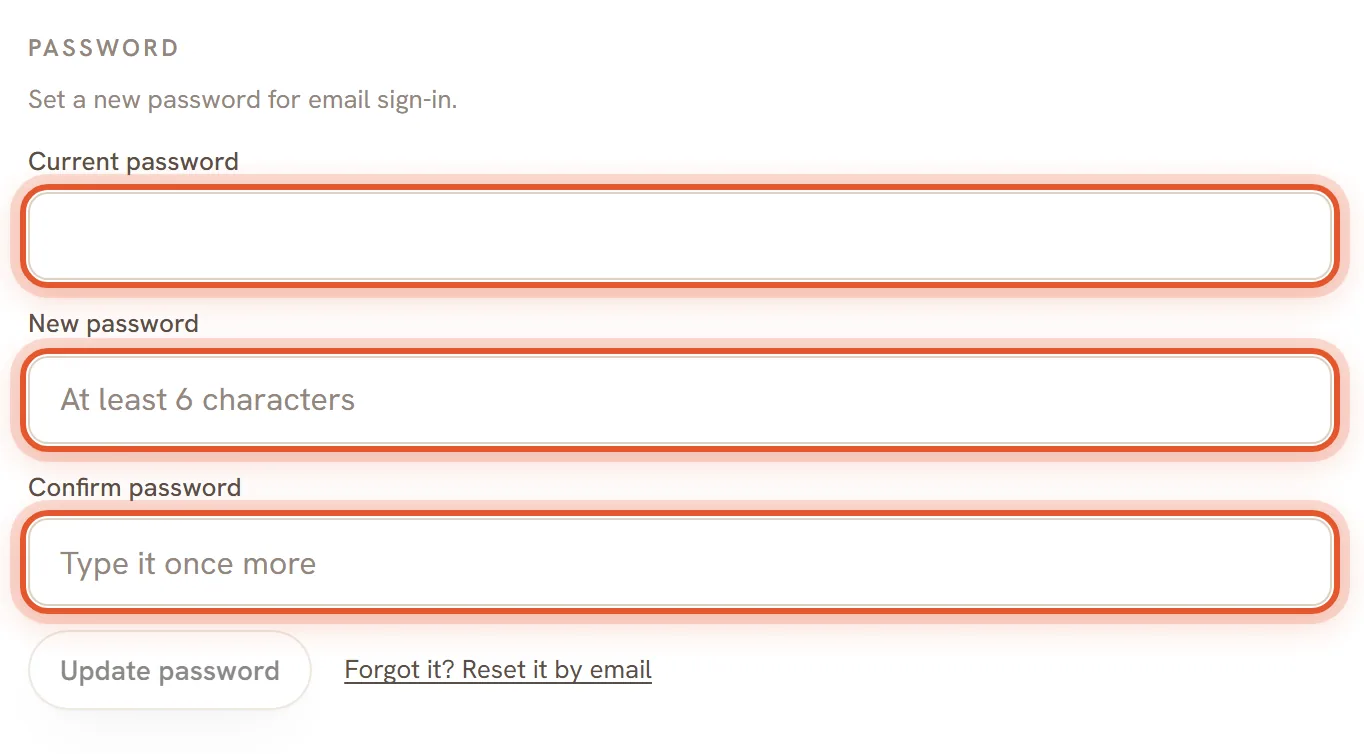The Password box in Settings with the Current password, New password and Confirm password boxes ringed.