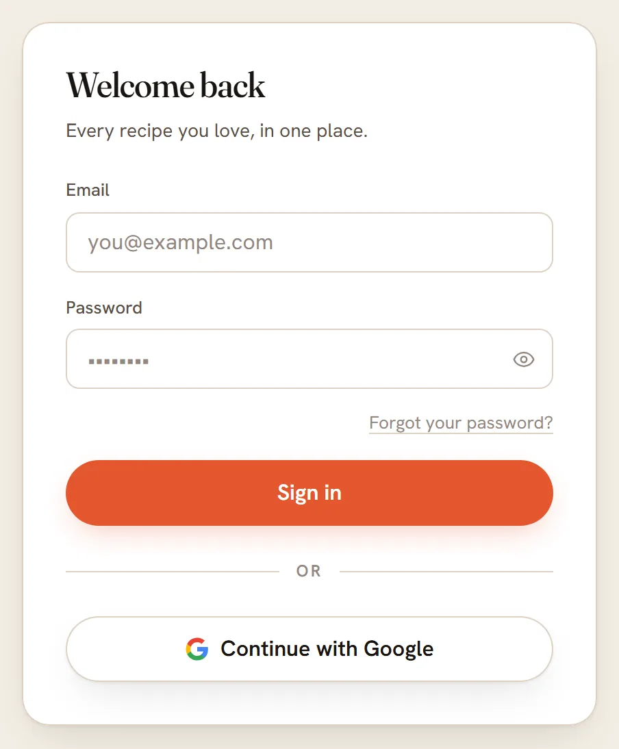 The RecipeClip sign-in card: Welcome back, Email and Password boxes, a Forgot your password link, a Sign in button and a Continue with Google button.