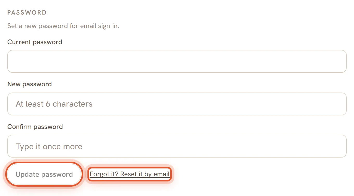 The Password box in Settings. The Forgot it? Reset it by email link beside the Update password button is ringed.