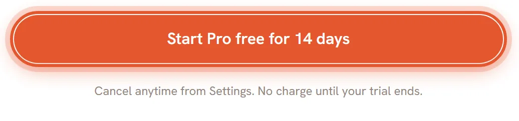 The button at the bottom of the checkout form once the card details are complete. It says Start Pro free for 14 days and is ringed.