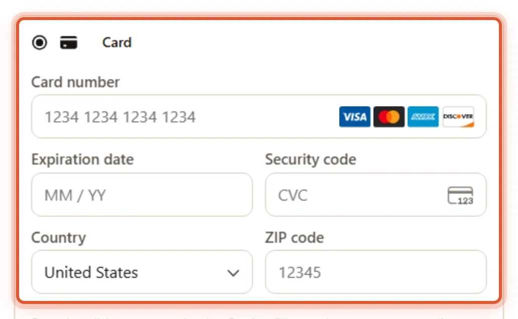 The checkout form with the Stripe card details area ringed. Nothing is typed in yet.