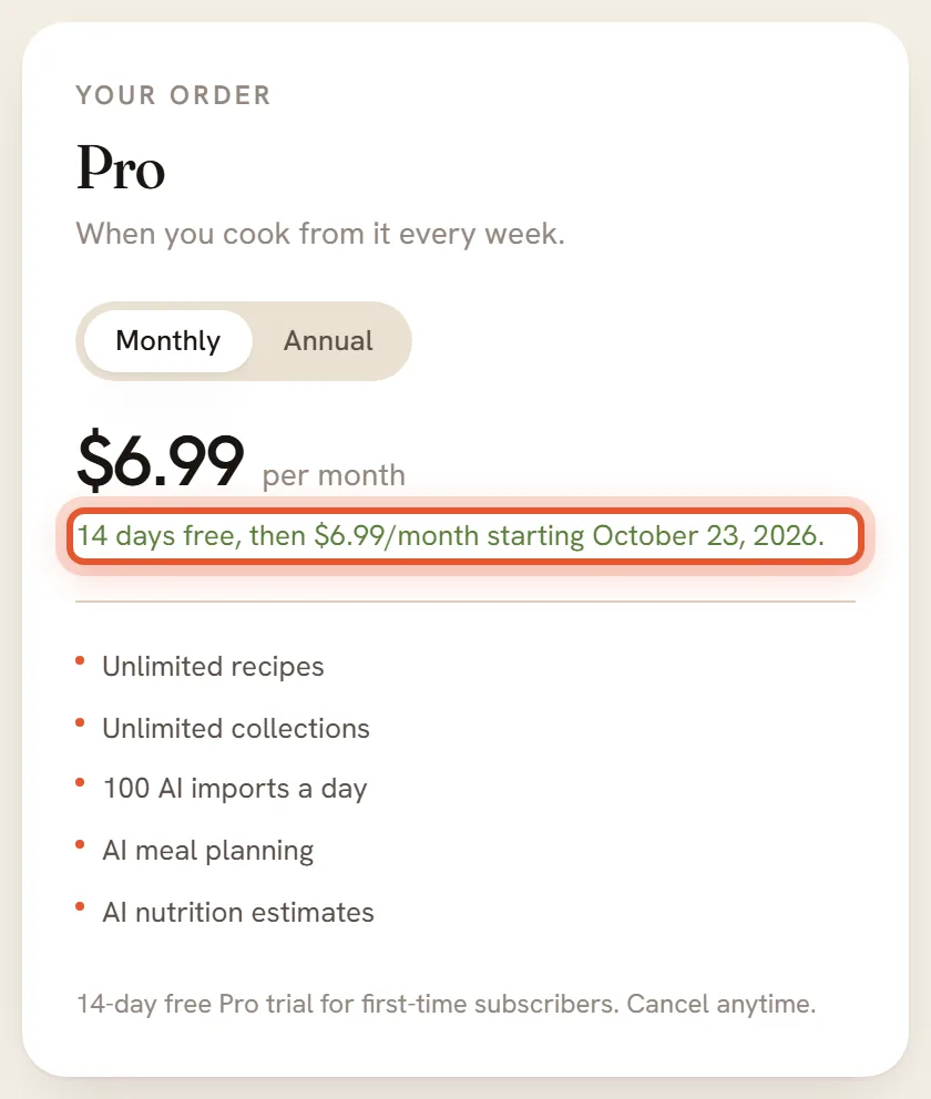 The order box for Pro with the line about the free days and the date of the first charge ringed.