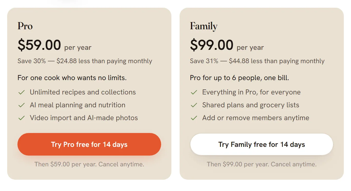 The Pro and Family plan cards on the billing page. Each shows a yearly price and a trial button, Try Pro free for 14 days or Try Family free for 14 days (Choose Pro or Choose Family if you have had a trial).