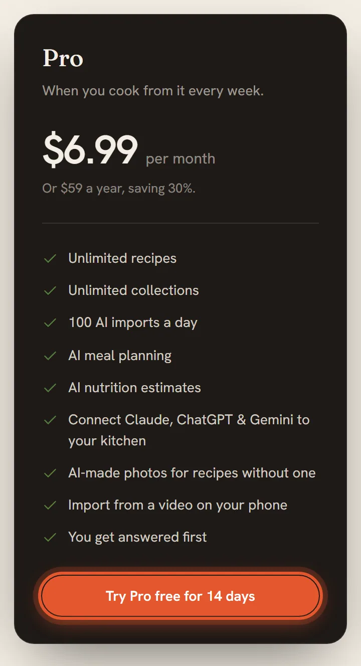The Pro card on the plans page, with the price, the list of what Pro includes and the Try Pro free for 14 days button, which is ringed.