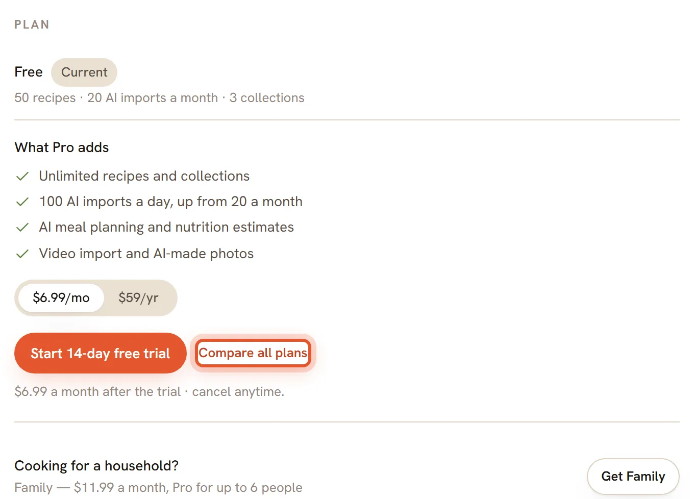 The Plan box in Settings with the Compare all plans link ringed beside the Start 14-day free trial button.