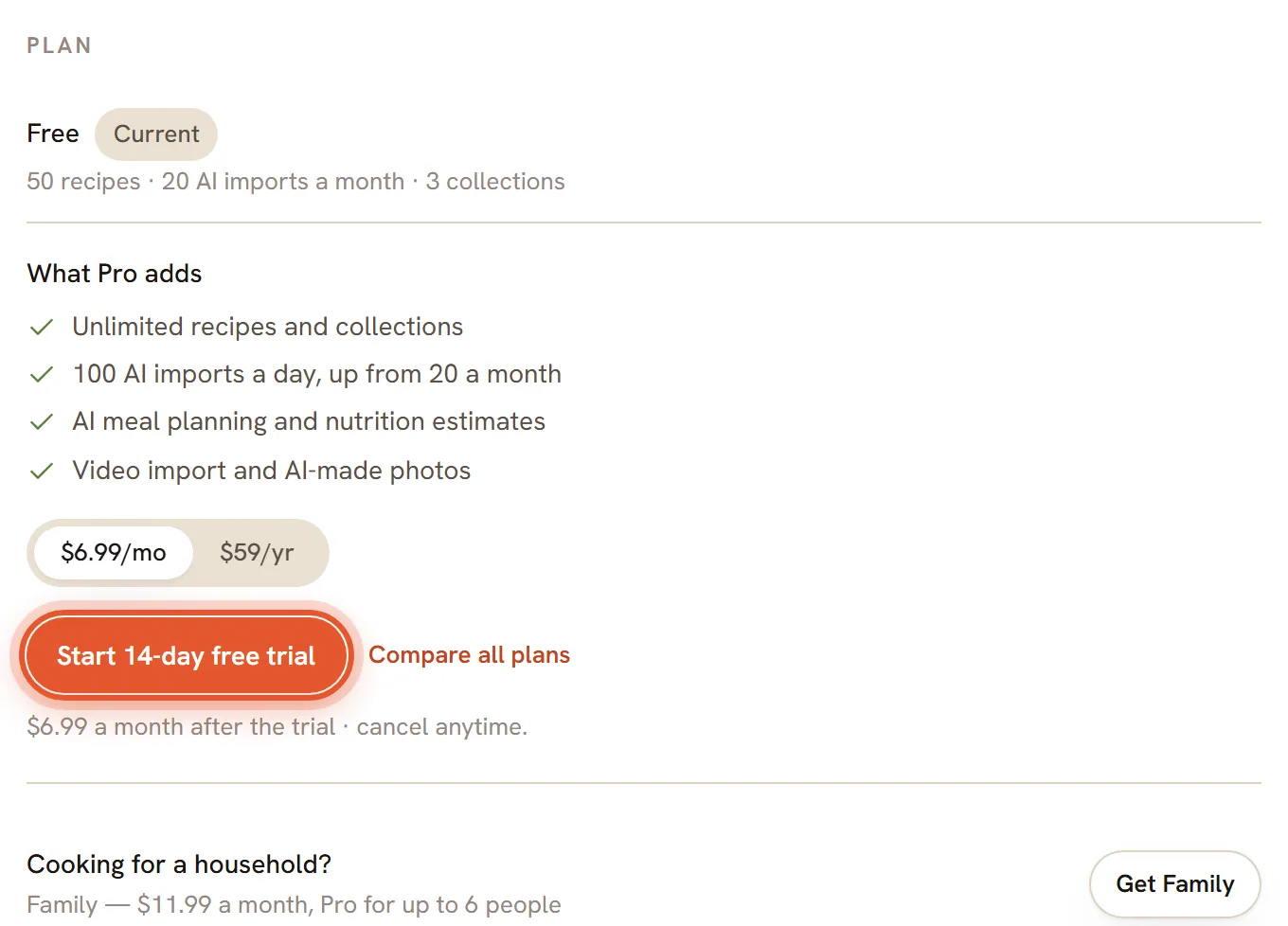 The Plan box in Settings for a Free account. The Start 14-day free trial button is ringed under the list of what Pro adds.