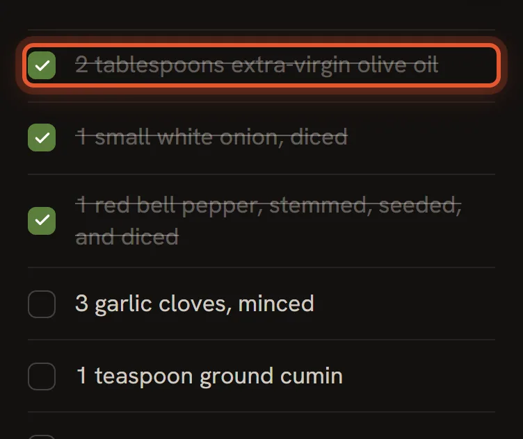 Three ingredients ticked green with a line through them, the first one ringed.