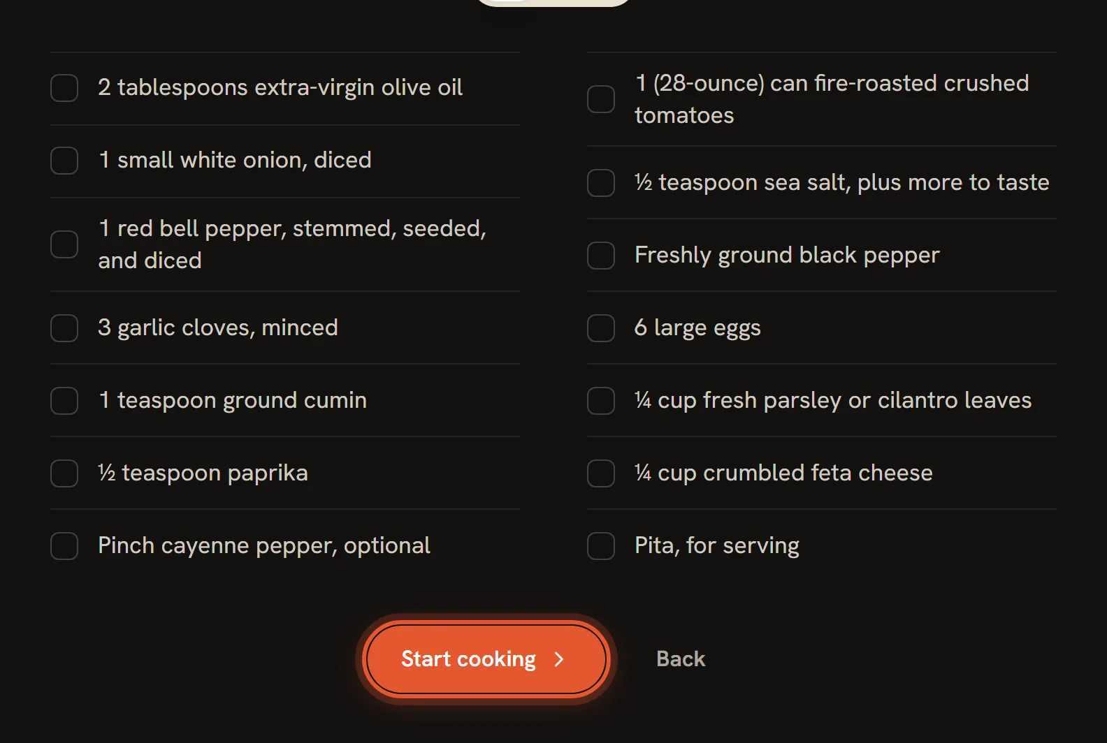 The bottom of the Before you start screen with the orange Start cooking button ringed beside Back.