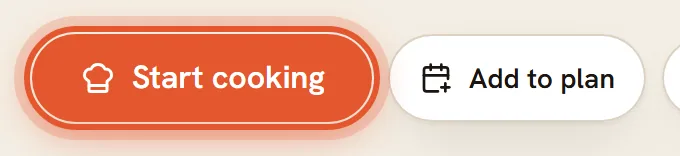 The recipe page action row with the orange Start cooking button ringed, next to Add to plan.