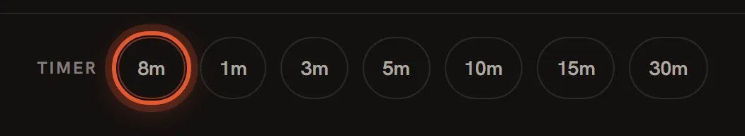 The timer bar under Step 2: the Timer label, then the suggested 8 minute button ringed in orange, then 1, 3, 5, 10, 15 and 30 minute buttons.