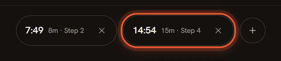 Two timers side by side in the timer bar, the newer one ringed.