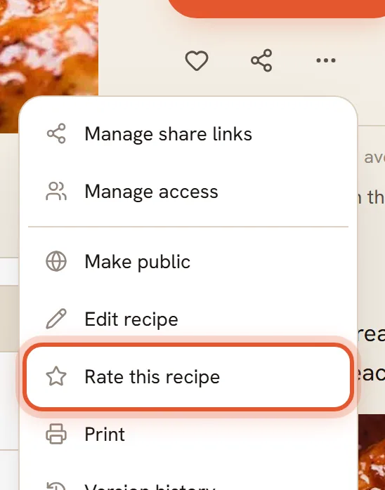 The More options menu open on a recipe page with Rate this recipe ringed.