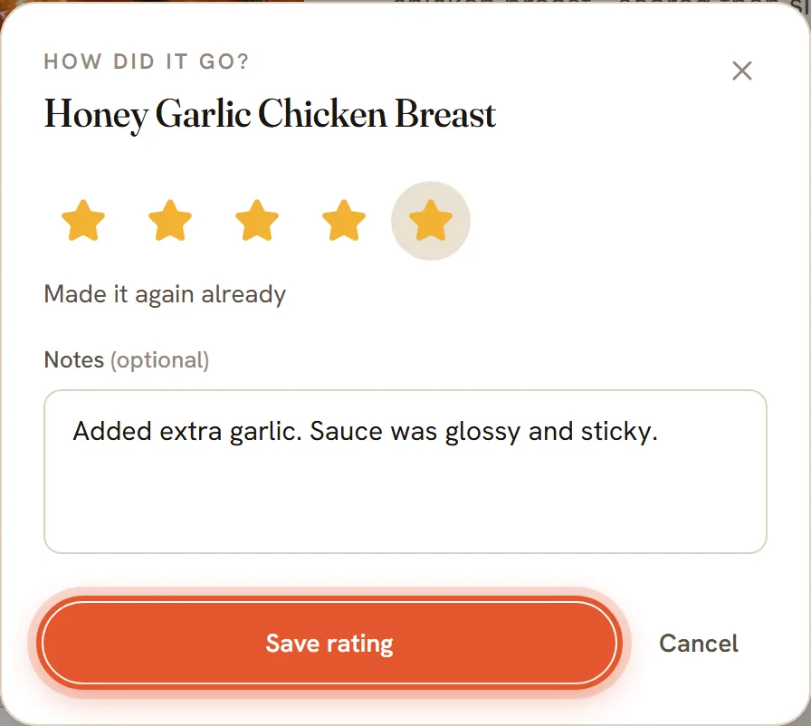 The How did it go sheet with five stars chosen, a note typed in the Notes box and the Save rating button ringed below it.
