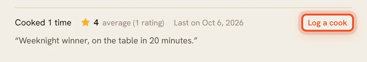 The Cooked line reading Cooked 1 time with a four-star average and the last note, with its Log a cook link ringed.