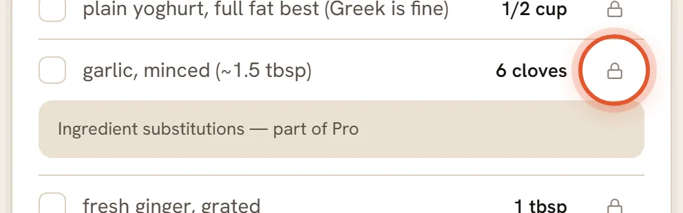 A Free account's ingredient row with the lock icon ringed and a note reading Ingredient substitutions, part of Pro.