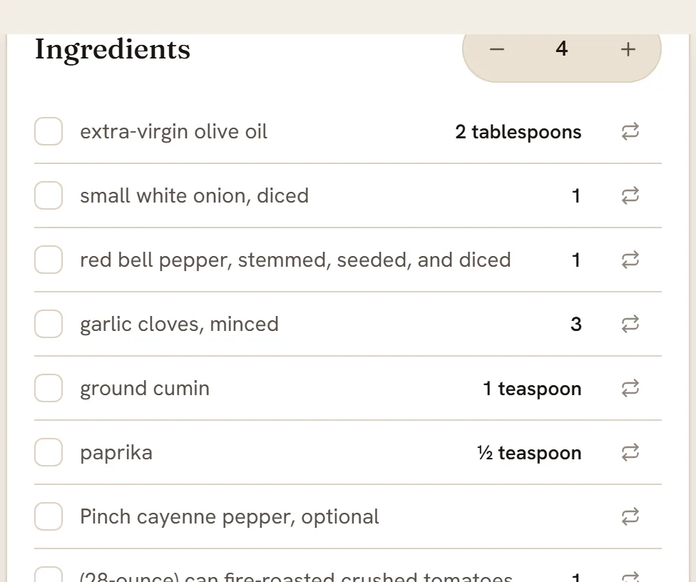 The Ingredients card of a recipe with a small swap-arrows icon at the end of every ingredient row.