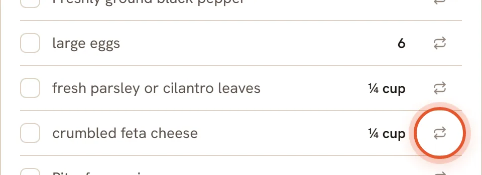 The ingredient list of the Best Shakshuka with the swap arrows at the end of the feta row ringed.