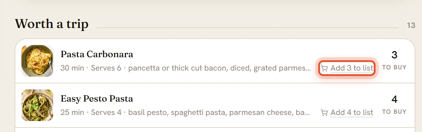 The Pasta Carbonara row with its Add to list link ringed.