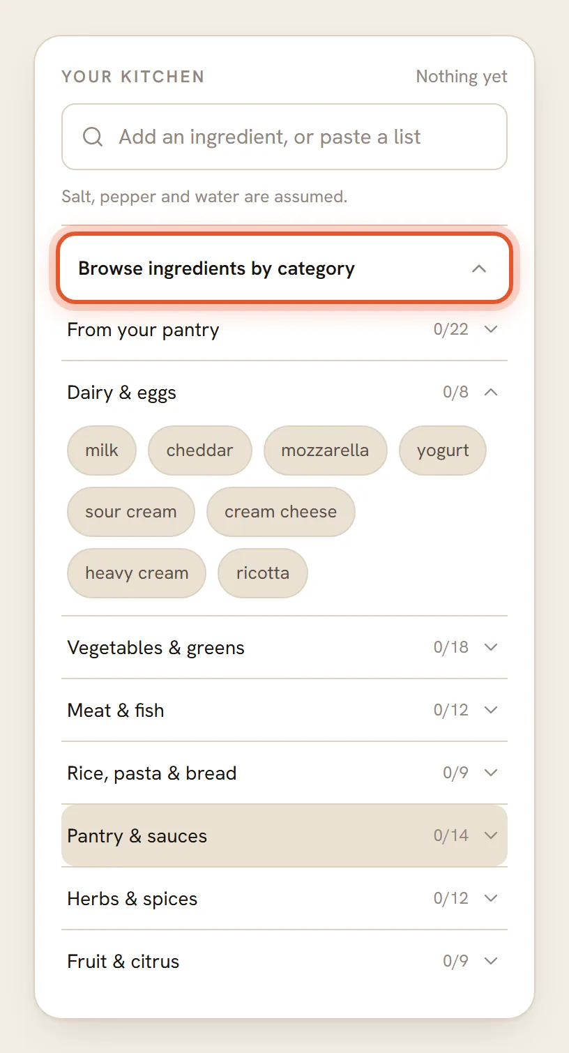 The Browse ingredients by category list ringed, with the Dairy & eggs group open and ingredient pills inside it.